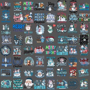 May include: A collection of winter and Christmas-themed graphic designs. The designs feature snowmen, snowflakes, Santa Claus, and festive text like "Merry Christmas," "Let it Snow," and "Hello Winter." The color palette includes blues, reds, and whites.