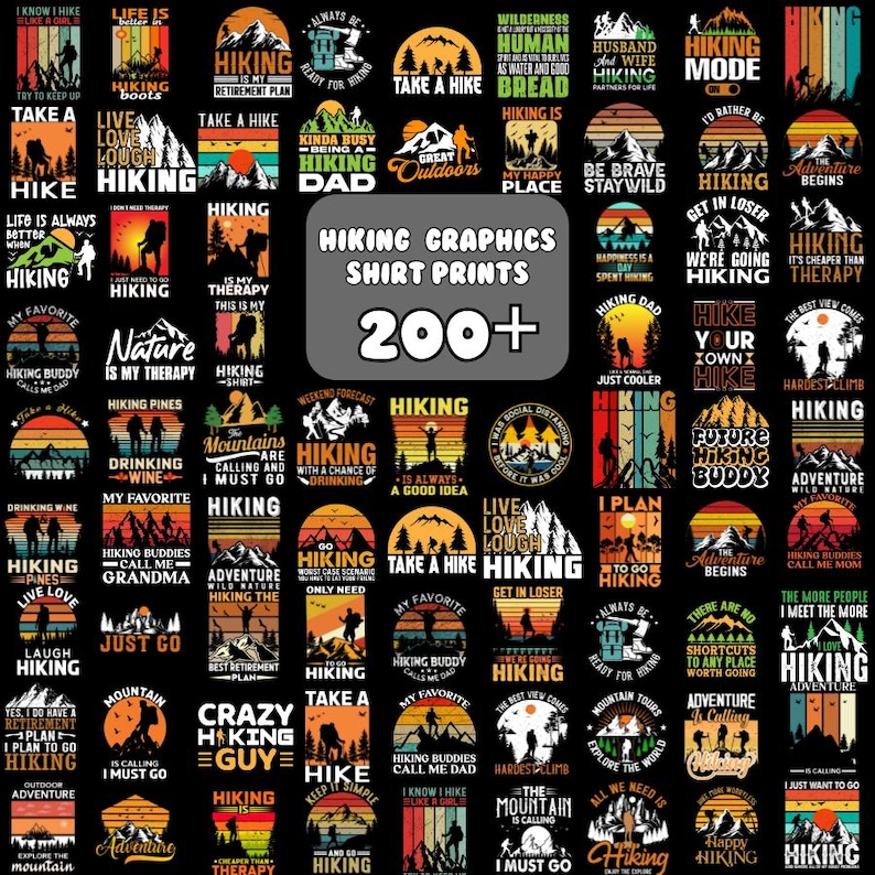 K&ouml;nnte beinhalten: Eine Sammlung von &uuml;ber 200 Wander-T-Shirt-Designs mit Retro-Illustrationen und Text. Die Designs beinhalten Berge, B&auml;ume und Wanderer mit Slogans wie "Live Love Laugh Hiking", "Wandern ist meine Therapie" und "Der Berg ruft, ich muss gehen".