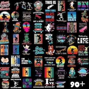 Puede incluir: Un collage de diseños gráficos coloridos con temas de skateboarding. Los diseños incluyen frases como "Skate or Die", "Keep Calm and Skate On", "Skateboarding is not a crime", y "Skateboard This is My Style".