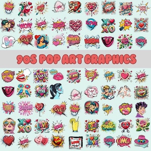 Gráficos de arte pop de los 90, arte de cómic en formato PNG, paquete digital, vibraciones de los 90, chica retro, cómic retro, archivos de dibujos animados, dibujos animados de cómic, megapaquete