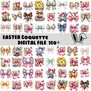 Pode incluir: Um arquivo digital com mais de 150 laços temáticos de Páscoa, com coelhos, pintinhos, ovos e designs florais. O arquivo é perfeito para artesanato e scrapbooking.