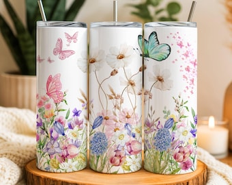 Frühlingsblumen Tumbler Wrap, gerader Becher, Blumenliebhaber, Frühling Vibe, Digital Png, 20 Unzen Skinny Tumbler, Blumen Sublimation