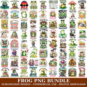 May include: A digital collection of numerous frog illustrations featuring various poses, activities, and humorous text captions. The frogs are depicted in colorful, cartoon-style designs, including frogs with mushrooms, hats, sunglasses, and food items.