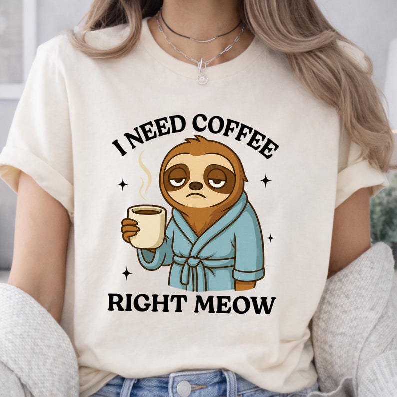 May include: A cream-coloured t-shirt featuring a graphic of a brown sloth wearing a light blue bathrobe and holding a steaming mug of coffee. The text above the sloth reads I NEED COFFEE and the text below the sloth reads RIGHT MEOW.