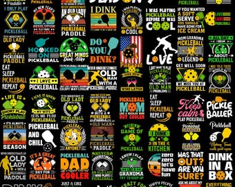 May include: A black and white graphic design featuring a variety of pickleball-themed designs. The designs include text such as "Pickleball Season", "I Dink", "Never Underestimate an Old Lady with a Pickleball Paddle", and "Pickleball Mom".