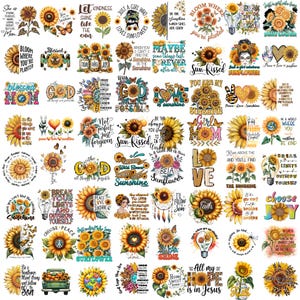 May include: A collection of sunflower-themed stickers with various designs and text. The stickers feature sunflowers, butterflies, and inspirational quotes in yellow, orange, and green. Some stickers have the words "Sunshine", "Bloom", and "Joy".