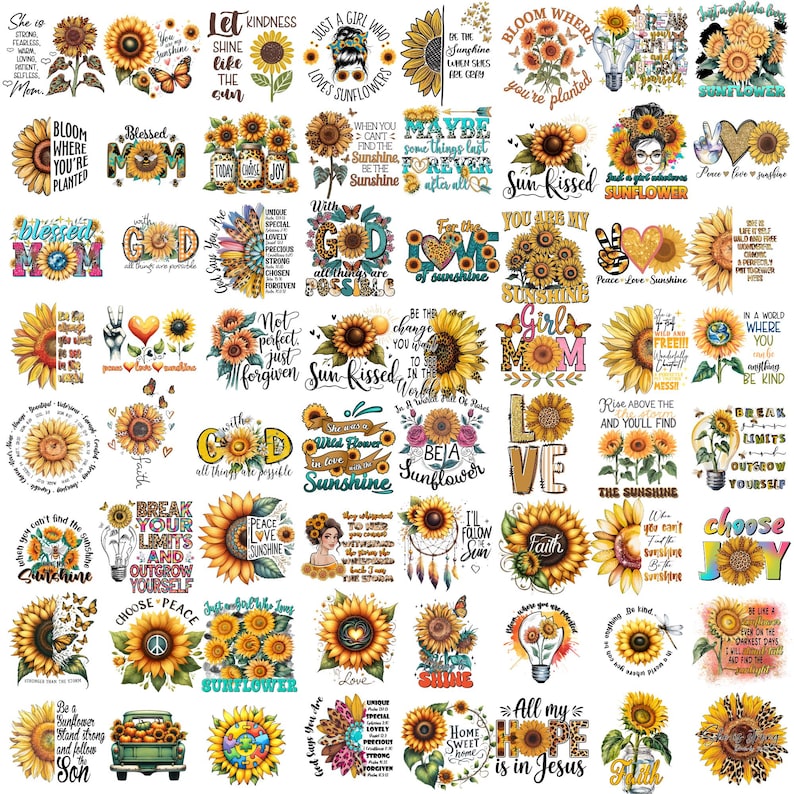 May include: A collection of sunflower-themed stickers with various designs and text. The stickers feature sunflowers, butterflies, and inspirational quotes in yellow, orange, and green. Some stickers have the words "Sunshine", "Bloom", and "Joy".