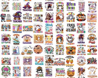 Puede incluir: Una colección de diseños digitales coloridos con temática de Halloween que incluyen fantasmas, calabazas, calaveras y libros con textos como Trick or Teach, Spooky Teacher y Hocus Focus, dispuestos en una cuadrícula.