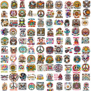 Puede incluir: Una colección de 50 diseños digitales coloridos con signos de paz, flores, arcoíris y texto groovy. Los diseños son perfectos para crear camisetas, tazas, bolsas de mano y otras mercancías.