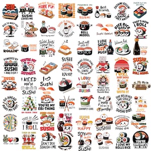 Puede incluir: Una colección de pegatinas coloridas con temática de sushi con varios diseños y texto. Las pegatinas presentan rollos de sushi, botellas de salsa de soja y frases divertidas como "Sushi Lover" y "Roll Model".
