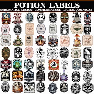 Puede incluir: Una colección de etiquetas de pociones rectangulares y ornamentadas con diversas ilustraciones góticas y mágicas, incluyendo calaveras, arañas, gatos y criaturas místicas, con textos como Witch's Brew, Poison y Zombie Brew en diseño digital.