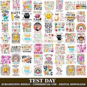 May include: A digital collection of test day themed graphic designs featuring colorful illustrations of pencils, rainbows, smiley faces, brains, animals, and motivational text like You Got This and Rock The Test in various retro and modern fonts.