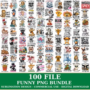 May include: A digital collection of 100 humorous graphic designs featuring various animals like dogs, cats, cows, and sloths paired with witty text captions, presented in a grid layout for sublimation printing and commercial use.