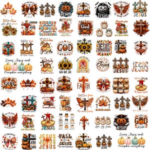 May include: A collection of 36 digital designs featuring fall-themed graphics with pumpkins, sunflowers, leaves, and crosses. The designs include phrases like "Fall for Jesus", "Faith Hope Love", "God", and "Love Jesus and Pumpkin Everything".