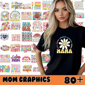 May include: A collection of 80+ colorful graphic designs featuring the word "Mama" in various fonts and styles. The designs include flowers, rainbows, butterflies, and other whimsical elements.