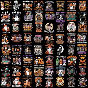 以下が含まれることがあります： 黒い背景にハロウィーンをテーマにしたデザインのコレクション。デザインは、コーヒーカップ、幽霊、カボチャ、「Hocus Pocus」や「Coffee Club」などのフレーズが特徴です。カラーパレットには、オレンジ、黒、白が含まれています。