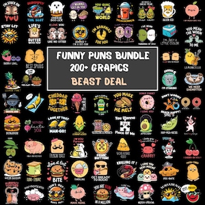 Op de afbeelding: Een verzameling humoristische grafische ontwerpen met woordspelingen, met eten, dieren en woordspelingen. De ontwerpen bevatten zinnen als "I love you very mochi" en "You make me melt". De tekst "Funny Puns Bundle 200+ Grapics Beast Deal" is ook zichtbaar.