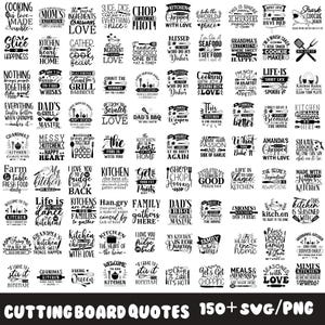 May include: A black and white graphic design featuring 48 different kitchen-themed quotes. The quotes are displayed in a grid format on a white background. The text includes phrases like "Cooking is love made visible", "The kitchen is the heart of the home", and "Life is short, dance in the kitchen".