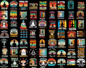 Peut inclure: Un collage de motifs colorés sur le thème du yoga présentant différentes poses, slogans et illustrations. Les motifs sont sur un fond noir avec une esthétique rétro de coucher de soleil. Certains des slogans incluent "Zen AF", "Namaste Witches", "Yoga is my drug", et "Je fais du yoga pour ne pas tuer les gens".