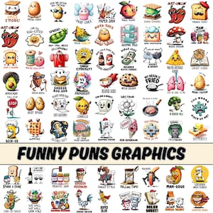 Peut inclure: Une collection de graphiques colorés de style dessin animé avec des jeux de mots et des jeux de mots sur les aliments. Les motifs comprennent un s'more souriant, une pomme de terre avec des lunettes de soleil, une cupcake de fée et une pêche. La phrase "FUNNY PUNS GRAPHICS" est affichée.