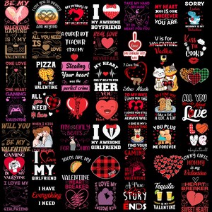 May include: A collection of Valentine's Day themed graphics on a black background. The designs include hearts, couples, and phrases like "Be My Valentine," "I Love You," and "My Heart." The color palette is primarily red, pink, and white.