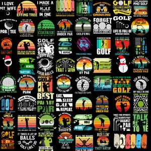 Könnte beinhalten: Ein schwarzer Hintergrund mit bunten, Retro-Illustrationen von golfbezogenen Sprüchen und Designs. Der Text enthält Sätze wie "Ich liebe meine Frau", "Ich habe ein Loch in eins gemacht", "Das Leben ist voller wichtiger Entscheidungen", "Golf ist mein Ruhestandsplan", "Bester Papa durch Par", "Keine Sorgen, ich habe meine Schläge gemacht", "Vergiss deine Gegner, spiele immer gegen Par", und "Sprich Birdie zu mir".