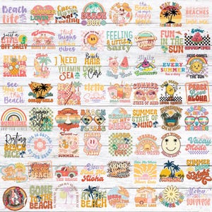 May include: A collection of 36 colourful summer-themed digital designs featuring text and illustrations. The designs include phrases like "Beach Life", "Summer Vibes", "Sunshine on My Mind", and "Gone to the Beach".