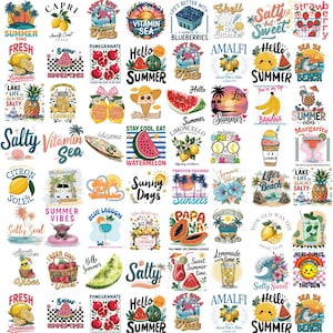 Puede incluir: Una colección de pegatinas coloridas con temática de verano con varios diseños, incluyendo frutas, escenas de playa y texto como "Hello Summer" y "Salty". Las pegatinas presentan colores vibrantes y fuentes divertidas.