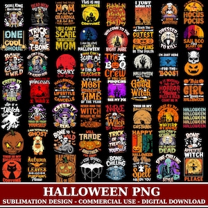 May include: A digital collection of Halloween-themed graphic designs featuring skeletons, pumpkins, witches, ghosts, and bats with various text slogans like Hocus Pocus, Bone Appetit, and Trick or Treat, arranged in a grid on a black background.