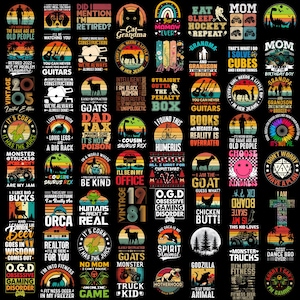 Könnte beinhalten: Eine Sammlung verschiedener grafischer T-Shirt-Designs mit Retro- und Vintage-Themen. Die Designs zeigen Text und Illustrationen, darunter Sätze wie "Retired 2022", "I'm Into Fitness" und "Eat Sleep Hockey Repeat". Die Farbpalette umfasst Orange, Gelb und Schwarz.