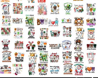 May include: A collection of 60+ colorful digital graphics featuring dental-themed designs. The graphics include various holiday themes, such as Christmas, Halloween, and Thanksgiving, as well as general dental designs. The graphics feature cartoon teeth, dental tools, and other dental-related imagery.