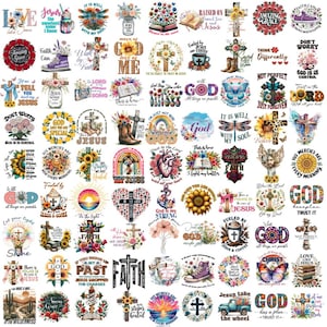 May include: A collection of colorful Christian-themed stickers with various designs. The stickers feature crosses, floral arrangements, inspirational quotes, and religious imagery. The color palette includes pastels, bright hues, and metallic accents.