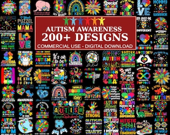 Pode incluir: Uma coleção digital de mais de 200 designs de conscientização sobre o autismo com peças de quebra-cabeça coloridas, arco-íris, corações e texto inspirador em um fundo preto, incluindo o texto central AUTISM AWARENESS 200+ DESIGNS.