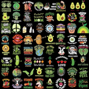 Może przedstawiać: Kolekcja kolorowych grafik o tematyce wegańskiej na czarnym tle. Projekty przedstawiają różne owoce, warzywa i gry słów, w tym awokado, brokuły i frazy takie jak "Eat Beans Not Beings."