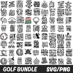 Puede incluir: Gráfico SVG/PNG de un paquete de golf en blanco y negro con varias citas y frases temáticas de golf. Incluye frases como "Grip it and Rip it!" y "Golf is my therapy."