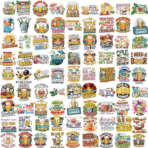 May include: A collection of colorful summer-themed stickers with various beer-related phrases and graphics. Designs include beer mugs, cocktails, palm trees, and humorous sayings like "I need a beer" and "Summer Vibes."