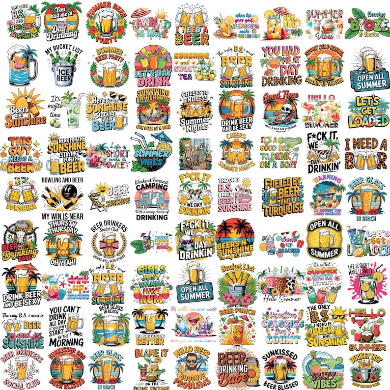 May include: A collection of colorful summer-themed stickers with various beer-related phrases and graphics. Designs include beer mugs, cocktails, palm trees, and humorous sayings like "I need a beer" and "Summer Vibes."