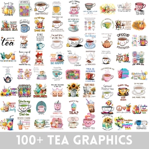May include: A collection of over 100 tea-themed graphics, featuring various designs of teacups, tea pots, and related text. The graphics are colorful and suitable for digital art projects.