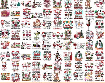 May include: A digital collection of Christmas-themed sublimation designs featuring wine glasses, Santa Claus, snowmen, and reindeer. Each graphic includes festive holiday text such as 'Merry Christmas', 'Dear Santa', and 'Wine' in various fonts.