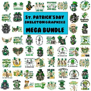 May include: A collection of 36 St. Patrick's Day themed digital graphics featuring skeletons in various poses and with different sayings. The graphics are perfect for creating t-shirts, mugs, tote bags, and other merchandise.