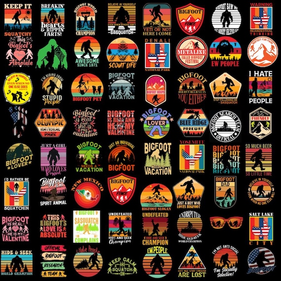 Retro Bigfoot Shirt Png Bundle, Yeti Sublimation Png, Funny T-Shirt Graphics, Bigfoot Cliparts, Bigfoot Dtf Transfer, Digital Download