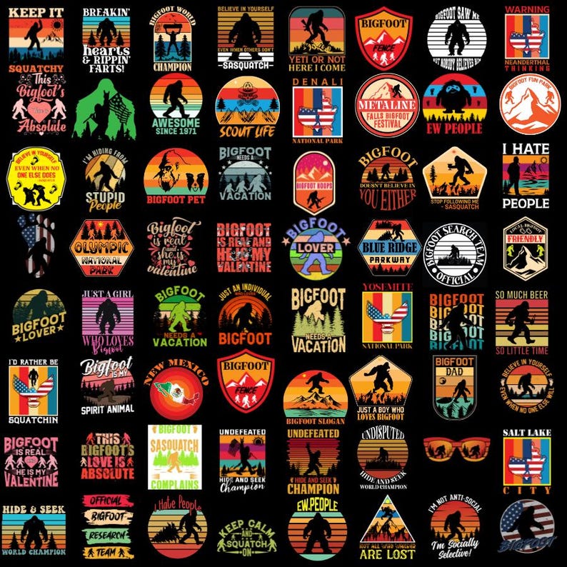 May include: A collection of graphic designs featuring Bigfoot silhouettes, retro sunset color palettes, and various text slogans such as Bigfoot Search Team, Yeti or Not, and Sasquatch Champion, arranged in a grid on a black background.