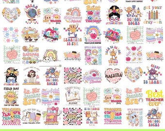 Może przedstawiać: Zbiór ponad 80 fajnych grafik dla nauczycieli z kolorowymi ilustracjami i tekstem. Grafiki zawierają takie zwroty jak "Teacher Life", "School Rocks", "Best Teacher Ever" i "Learning is Fun".