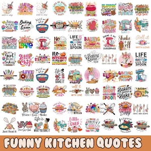 Può includere: Una collezione di 36 disegni colorati a tema cucina con citazioni divertenti. I disegni presentano vari utensili da cucina, cibo ed elementi floreali. Alcune delle citazioni includono "La vita è breve, lecca il cucchiaio", "La cottura è il mio superpotere" e "Solo una ragazza che ama cucinare".