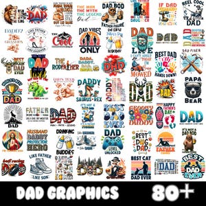 Puede incluir: Una colección de más de 80 diseños gráficos coloridos con la palabra "Papá" en varios estilos y temas. Los diseños incluyen ilustraciones de animales, deportes, pasatiempos y otras imágenes relacionadas con el padre.