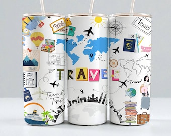May include: Three white travel-themed tumblers with straws. Each tumbler features travel-related illustrations, including airplanes, maps, passports, and the word "TRAVEL" in colorful letters. The design includes a world map and various travel icons.