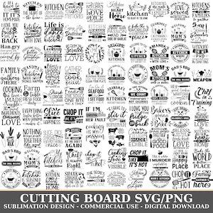 May include: A collection of black and white digital designs featuring various kitchen-themed quotes and illustrations, including phrases like The Heart of the Home, Grandma's Kitchen, and Dad's BBQ, arranged in a grid for sublimation printing.