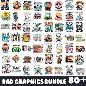Op de afbeelding: Een verzameling van meer dan 80 kleurrijke grafische ontwerpen met verschillende illustraties en tekst met betrekking tot het thema "Papa". De ontwerpen omvatten afbeeldingen van dieren, mensen, objecten en tekst zoals "Beste Papa Ooit", "Werelds Beste Papa", "Daddy Saurus Rex", "Papa Vibes Only" en "Coole Papa".