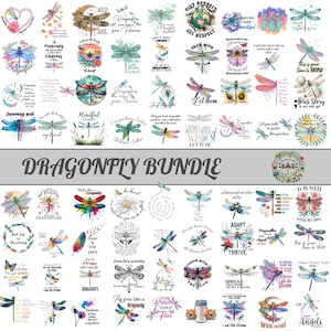 Puede incluir: Una colección de diseños de libélulas coloridas con citas inspiradoras. Los diseños presentan libélulas en varios estilos, con elementos florales y de acuarela. El texto "DRAGONFLY BUNDLE" se muestra de forma destacada.