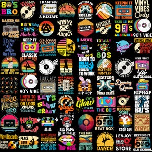 Pode incluir: Uma coleção de designs gráficos coloridos com tema dos anos 80 e 90 sobre um fundo preto. Os designs incluem discos de vinil, boomboxes, cassetes e frases como "Vinyl Vibes Only" e "Hip Hop".